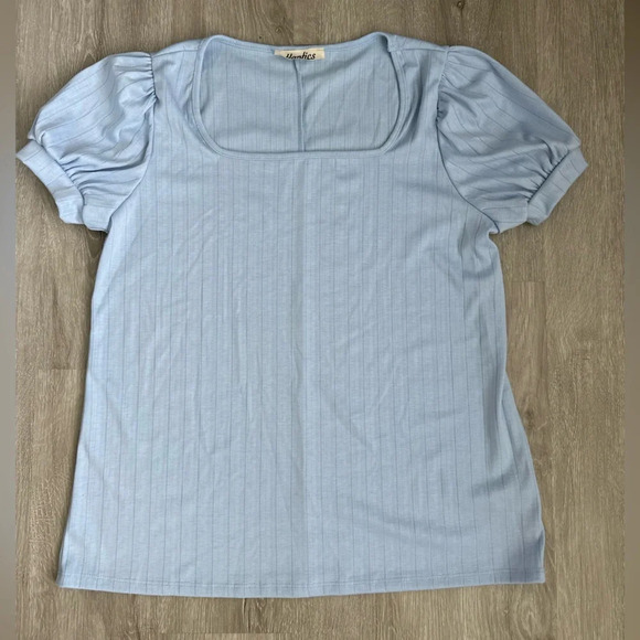 Haptics Light Blue Wide Rib Puff Sleeve Top, Size Medium - Picture 3 of 6